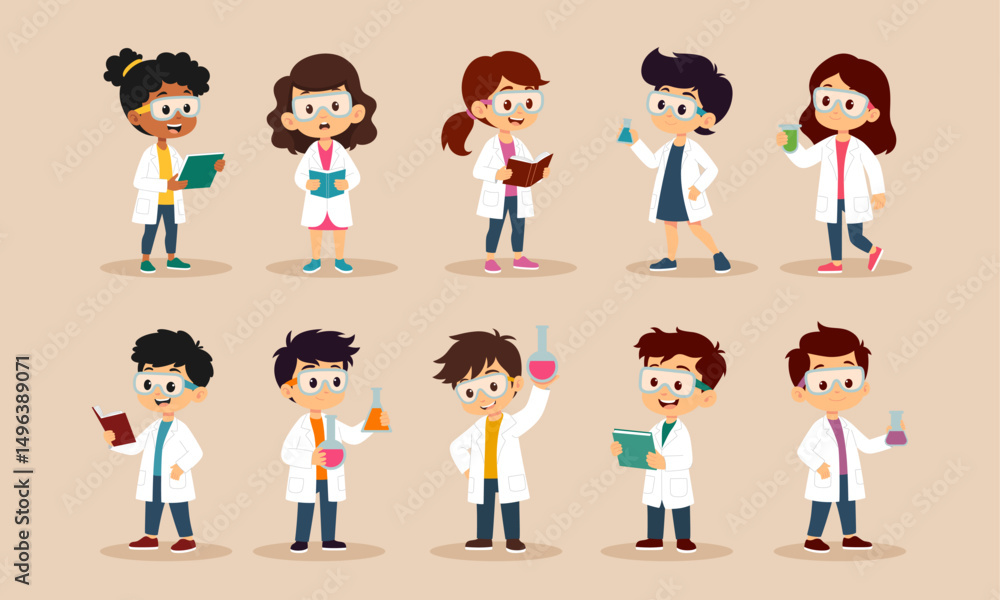 Kids scientist characters graphic vector illustration set Kids scientist characters graphic vector illustration set