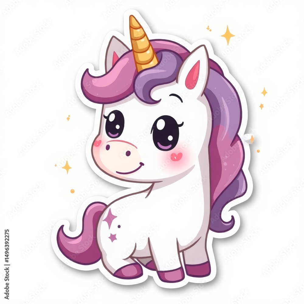 Fototapeta premium A magical and cute unicorn sticker with pastel-colored mane, sparkling stars, and a sweet, friendly expression for a whimsical look