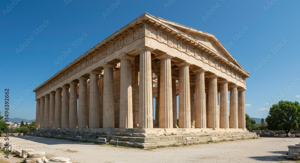 Obraz premium Ancient Greek Temple: Captured under a bright blue sky, the temple's classic design and meticulous craftsmanship stands as a testament to the enduring legacy of ancient Greece. 