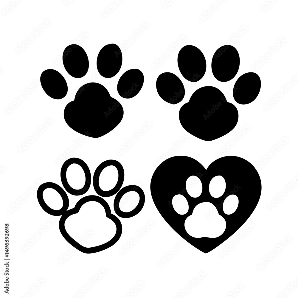 Fototapeta premium Dog paw print set. Paw icon collection on white background . Vector illustration. Pet paw editable stroke. footprints, Heart with pet paw print dog cat icon, vector illustration. paws prints dog.