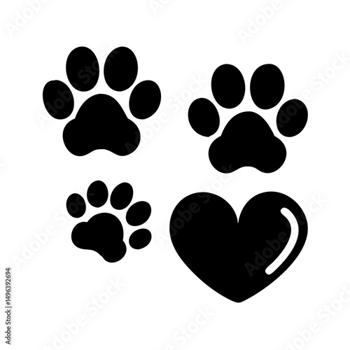 Dog paw print set. Paw icon collection on white background . Vector illustration. Pet paw editable stroke. footprints, Heart with pet paw print dog cat icon, vector illustration. paws prints dog. 