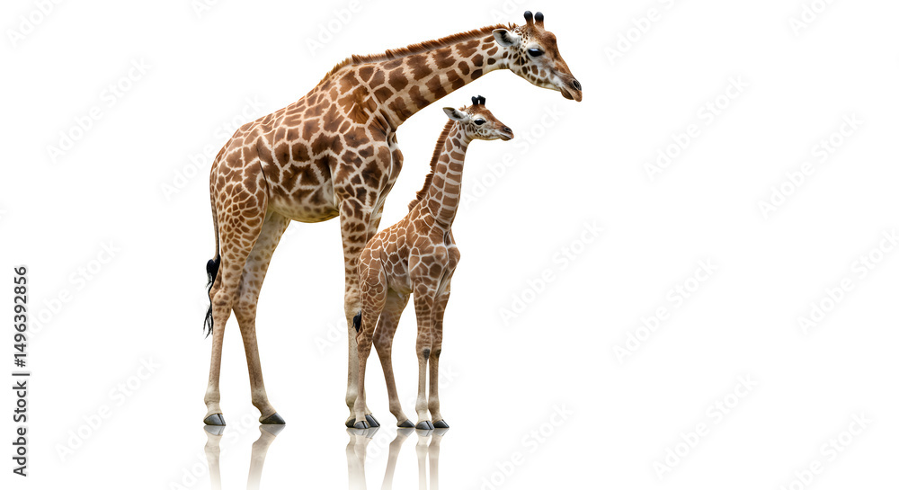 Obraz premium Giraffe Duo: Mother and Calf on White Background