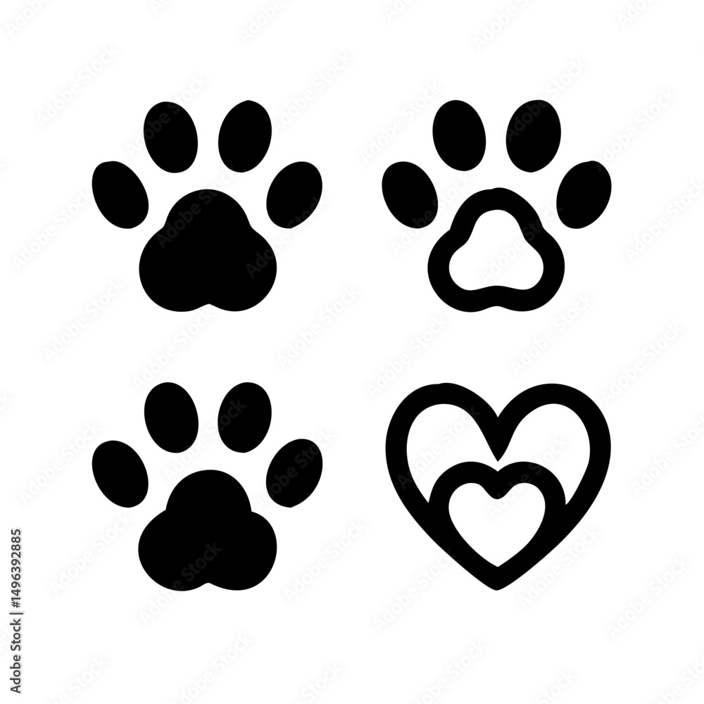 Fototapeta premium Dog paw print set. Paw icon collection on white background . Vector illustration. Pet paw editable stroke. footprints, Heart with pet paw print dog cat icon, vector illustration. paws prints dog. 