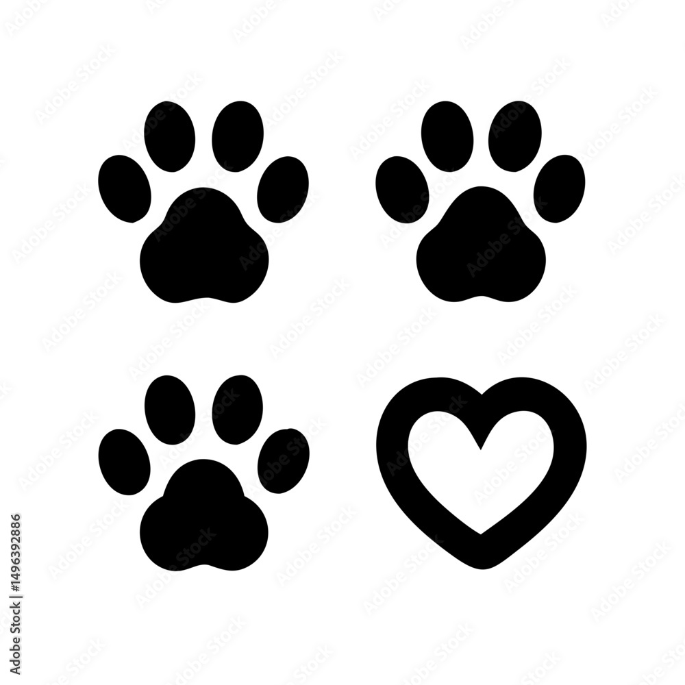 Fototapeta premium Dog paw print set. Paw icon collection on white background . Vector illustration. Pet paw editable stroke. footprints, Heart with pet paw print dog cat icon, vector illustration. paws prints dog. 