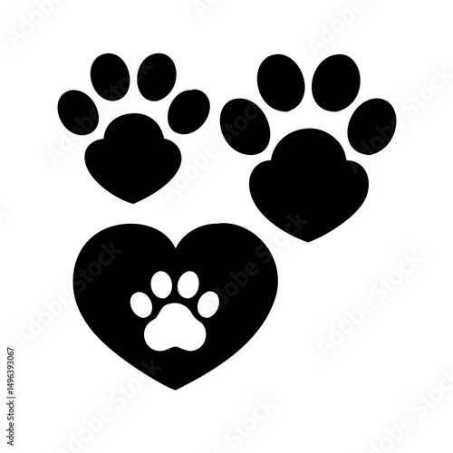 Dog paw print set. Paw icon collection on white background . Vector illustration. Pet paw editable stroke. footprints, Heart with pet paw print dog cat icon, vector illustration. paws prints dog. 