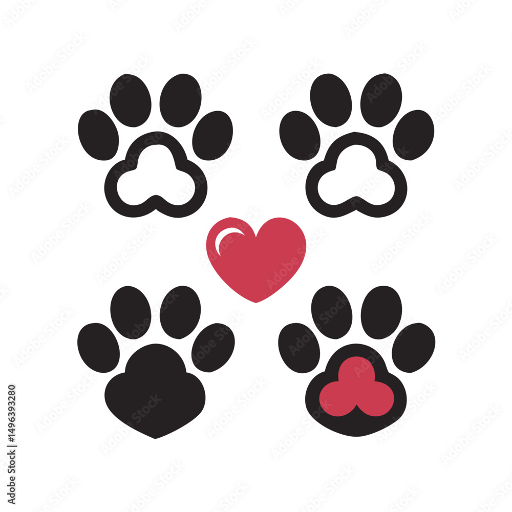 Fototapeta premium Pet paw editable stroke outline icon isolated on white background flat.Pet paw editable stroke. footprints Pet paw, Heart with pet paw print dog cat icon, vector illustration. paws prints dog. 