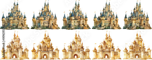 golden castle watercolor clipart 
