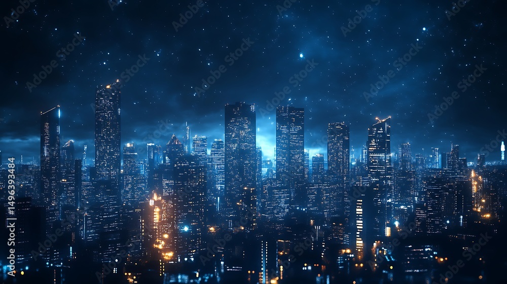 Fototapeta premium Futuristic city skyline at night, illuminated with glowing lights.