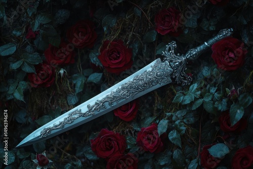 Silver dagger piercing thorny roses framed in a dark floral design with poison and gothic aesthetic elements