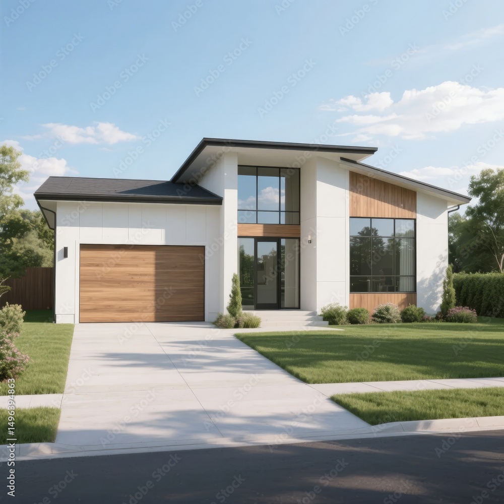 Modern Single-Family Home with Flat Roof and Large Windows Modern Single-Family Home with Flat Roof and Large Windows