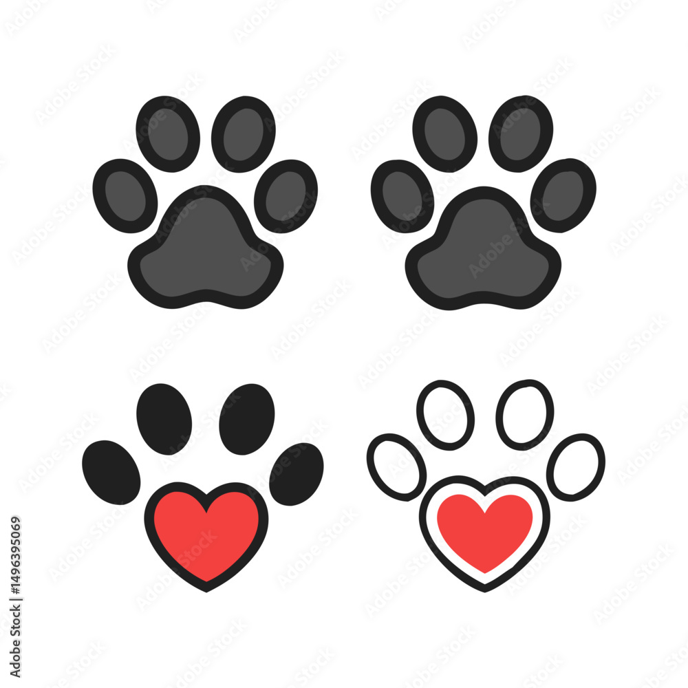 Fototapeta premium Pet paw editable stroke outline icon isolated on white background flat.Pet paw editable stroke. footprints Pet paw, Heart with pet paw print dog cat icon, vector illustration. paws prints dog. 