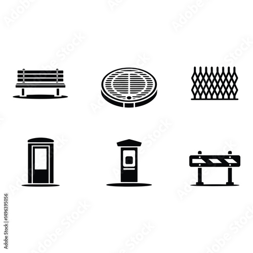Urban Infrastructure Icons Park Bench Manhole Cover Fence Kiosk and Barrier