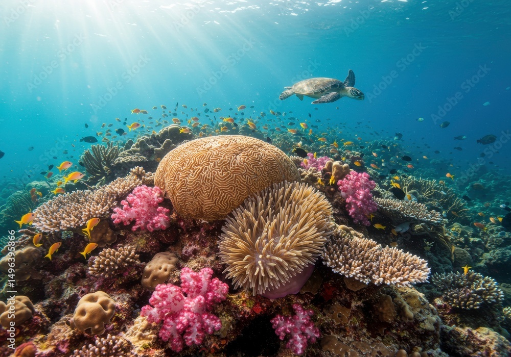 Obraz premium Underwater Paradise: A vibrant coral reef teems with life, where a graceful sea turtle swims, bathed in the radiant sunlight filtering down through the crystalline ocean.