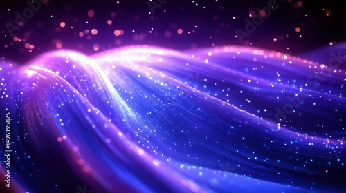 Abstract flowing waves of glowing light particles in purple and blue hues creating a dynamic and ethereal visual effect