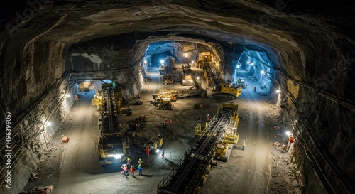 Tunnel construction in dark: Illuminating the heart of an engineering marvel - an intricately designed tunnel, in progress with machinery and lights, captured in a cinematic, low-light shot.