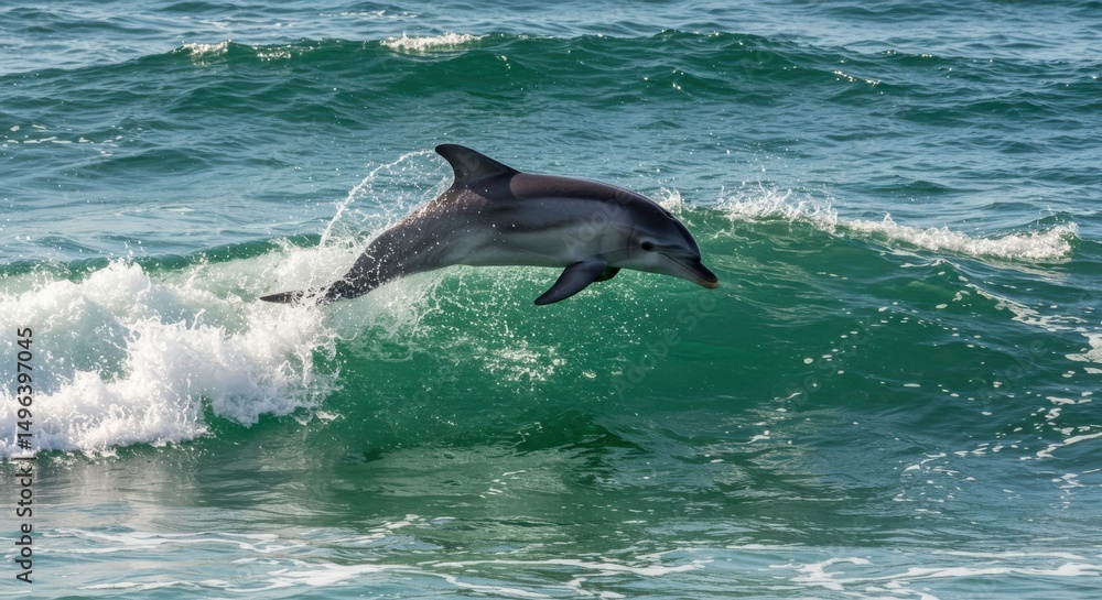 Naklejka premium Ocean Acrobatics: Witness the breathtaking leap of a dolphin as it elegantly breaches the surface of the cerulean ocean, embodying freedom and marine grace.
