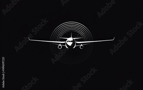 Minimalist white airplane front view illustration with circular wave patterns on a black background conveying a modern and sleek design