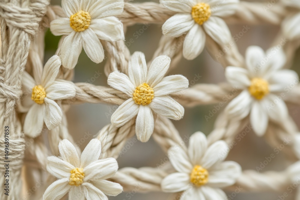 Fototapeta premium Daisy chain made of tiny flowers connected by handwoven twine in a rustic frame with a natural and delicate look
