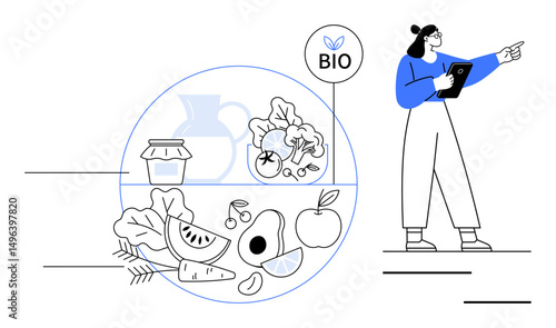 Woman holding a tablet pointing at a chart featuring organic fruit, vegetables, and food. Ideal for health, sustainability, organic farming, eco-friendly lifestyle, food technology, nutrition simple