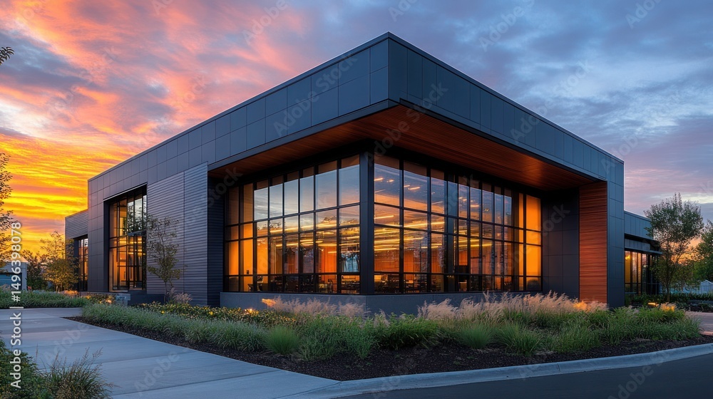 Modern office building with large glass windows reflecting vibrant sunset sky, surrounded by landscaped greenery and sidewalk Modern office building with large glass windows reflecting vibrant sunset sky, surrounded by landscaped greenery and sidewalk