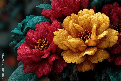 Colorful close up of blooming red and yellow peonies with dark foliage