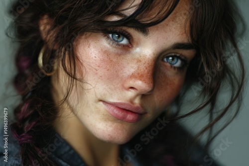 Portrait of a young woman with blue eyes and dark messy hair in soft light