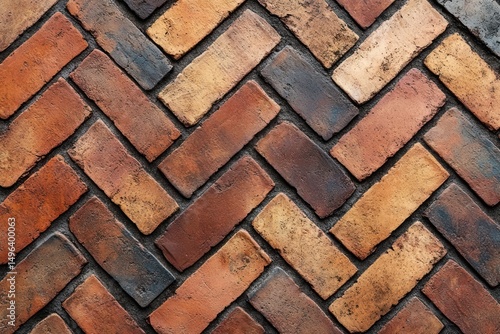 close-up of a textured brick wall with various shades of red, orange, brown, and black arranged in a herringbone pattern