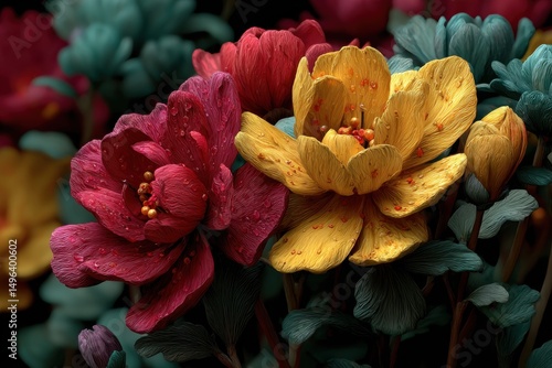 Macro photo of red and yellow blooming flowers with green leaves