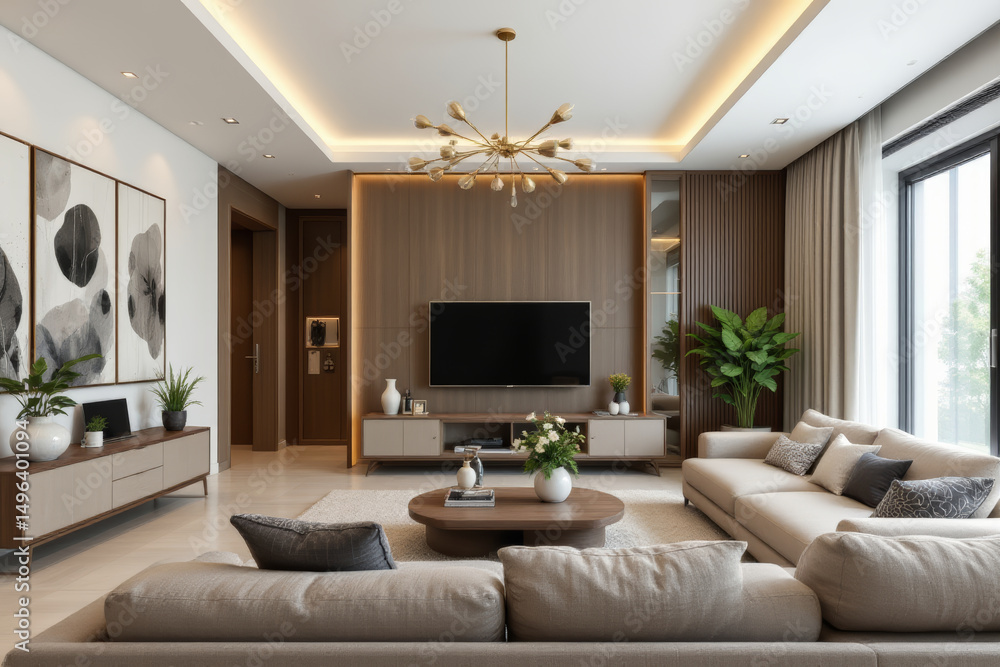 Fototapeta premium Modern and stylish living room featuring elegant furniture, soft lighting, and decorative plants