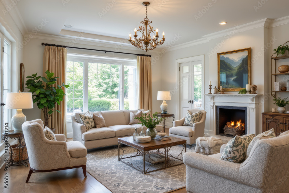 Fototapeta premium Cozy living room with elegant decor features fireplace, comfortable seating, and natural light