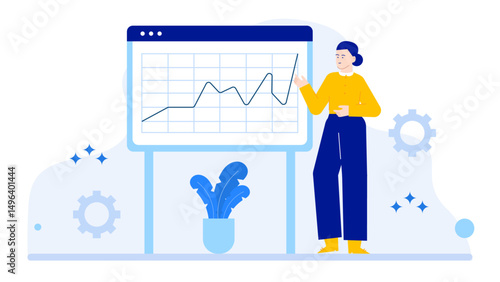 Perfect for business presentations, educational materials, and reports, the image shows a woman analyzing and explaining data visually.