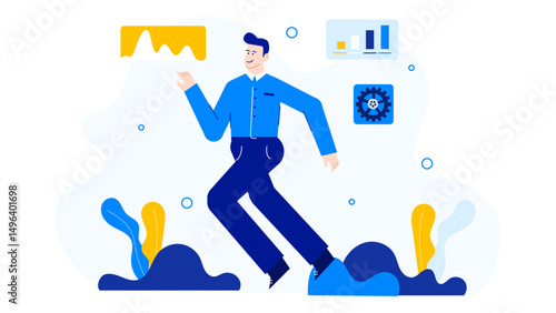 Man in a blue shirt walking over blue waves, ideal for relaxation, travel, vacation, summer, beach themes in advertising, websites, or print.