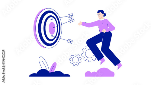 Woman jumping over gears and aiming at target, perfect for representing determination, focus, success, or overcoming obstacles in business concepts.