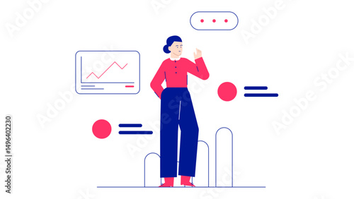 With a woman standing before a graph, this visual is perfect for business presentations, data analysis articles, finance reports, and marketing materials.