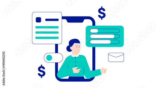 Woman inside a phone pointing to an email icon, suitable for communication, technology, digital marketing, and virtual connection concepts.