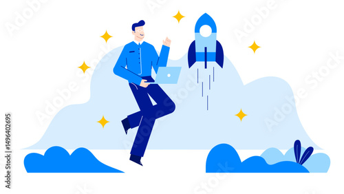 Man in a blue shirt holding a laptop in front of a rocket, symbolizing technology, innovation, business, space exploration concepts. Aerospace industry promotion.