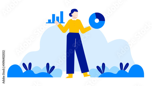 Woman displays data visually with a bar graph and a pie chart, ideal for business presentations or financial reports.
