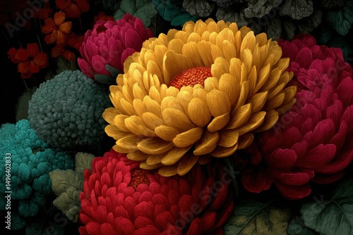 Vibrant close-up of colorful blooming chrysanthemums in a bouquet