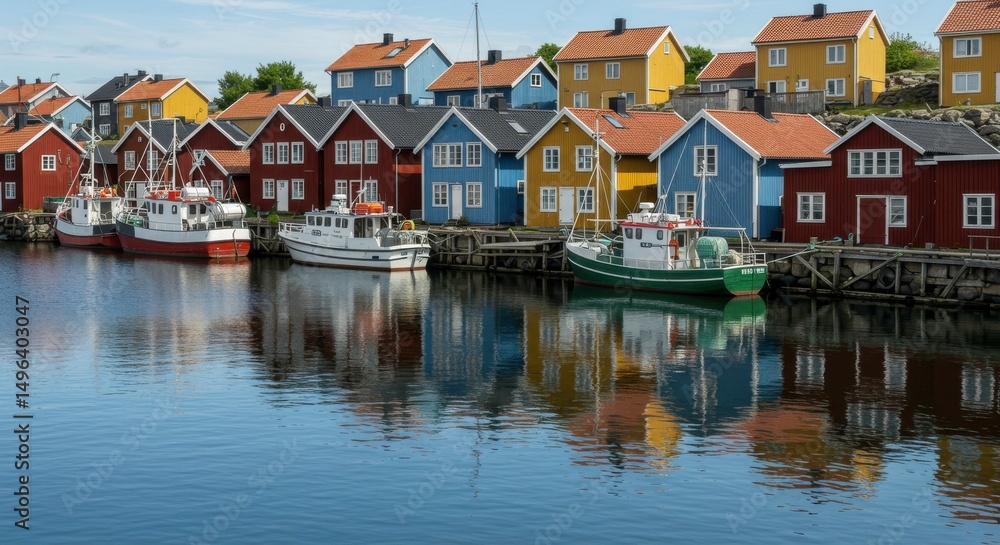 Fototapeta premium Colorful Waterfront Scene: A quaint seaside village presents a picturesque view, with brightly colored houses and boats reflecting on the tranquil waters, exuding charm and serenity.