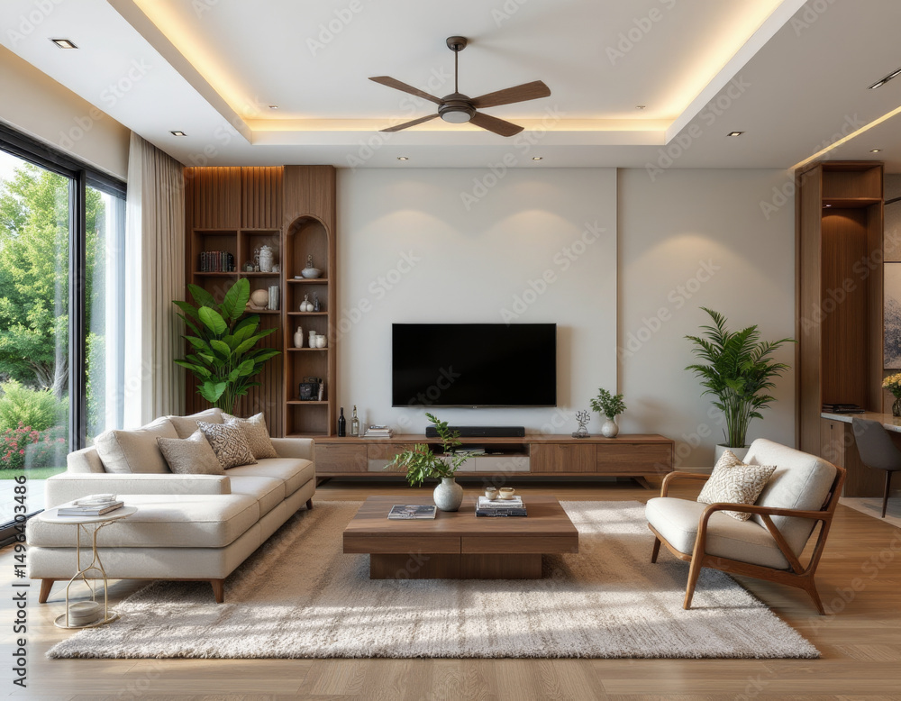 Modern living room with elegant furniture, natural light, and greenery Modern living room with elegant furniture, natural light, and greenery