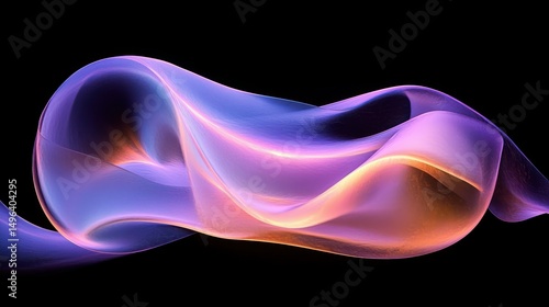 Translucent flowing ribbon of light with smooth curves in purple, pink, and orange hues against a black background evoking fluidity and elegance