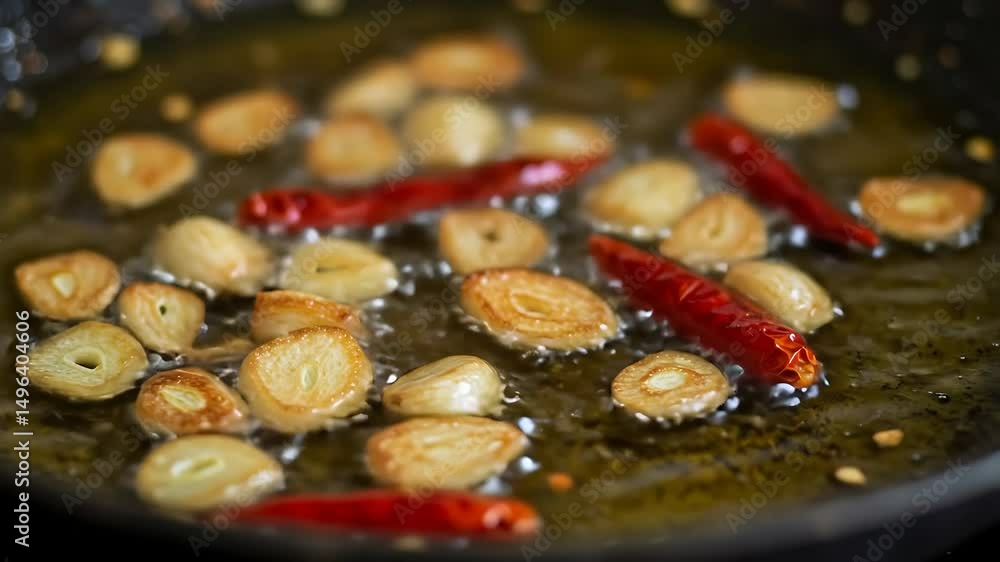 Frying Garlic Slices with Chili Pepper in Hot Oil Close-Up Frying Garlic Slices with Chili Pepper in Hot Oil Close-Up