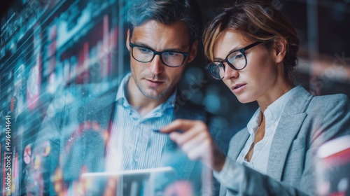 Two people are looking at a computer screen with a lot of numbers and graphs