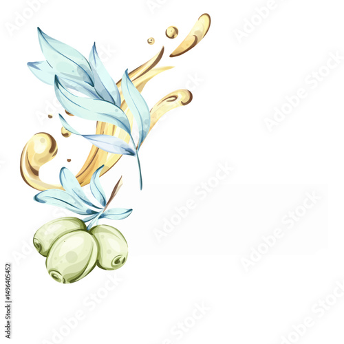 Delicate watercolor illustration of olives and olive oil showcasing Italian culinary beauty and natures bounty frame, border, arrangement