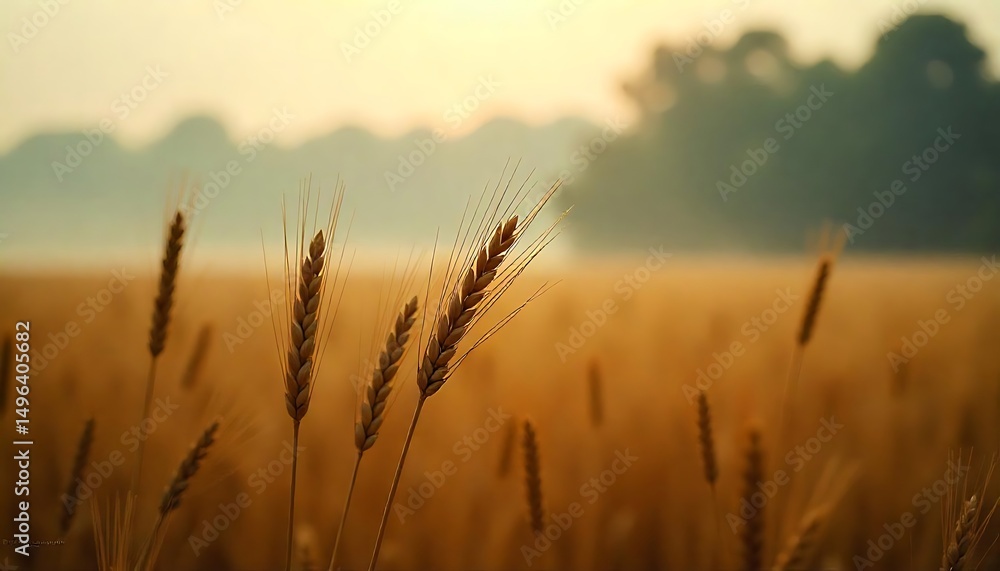Obraz premium Golden Wheat Field at Sunrise Peaceful agricultural landscape showcasing ripe wheat stalks bathed in warm morning light