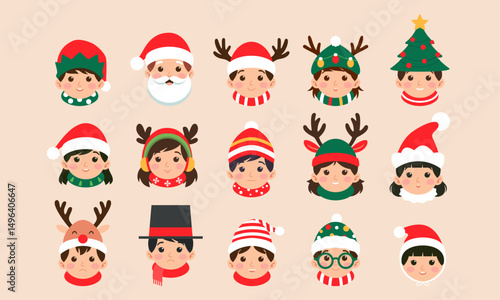Kids head christmas characters graphic vector illustration set