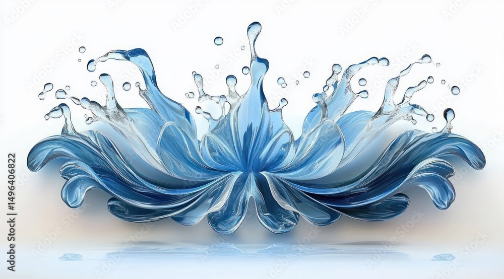 Naklejka premium Abstract splash of blue water forming symmetrical, flower-like shapes with droplets against a clean white background, evoking freshness and fluidity