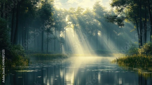 Wallpaper Mural Sunlight streaming through tall trees over a calm lake surrounded by lush greenery and mist in a peaceful forest setting Torontodigital.ca