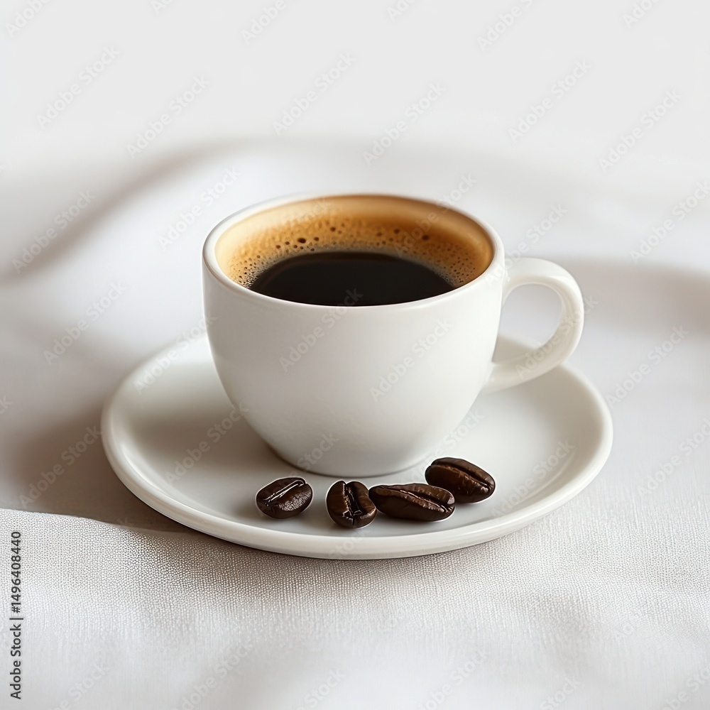 Fototapeta premium White ceramic cup filled with freshly brewed black coffee on a matching saucer with four coffee beans arranged in front, placed on a soft white fabric surface