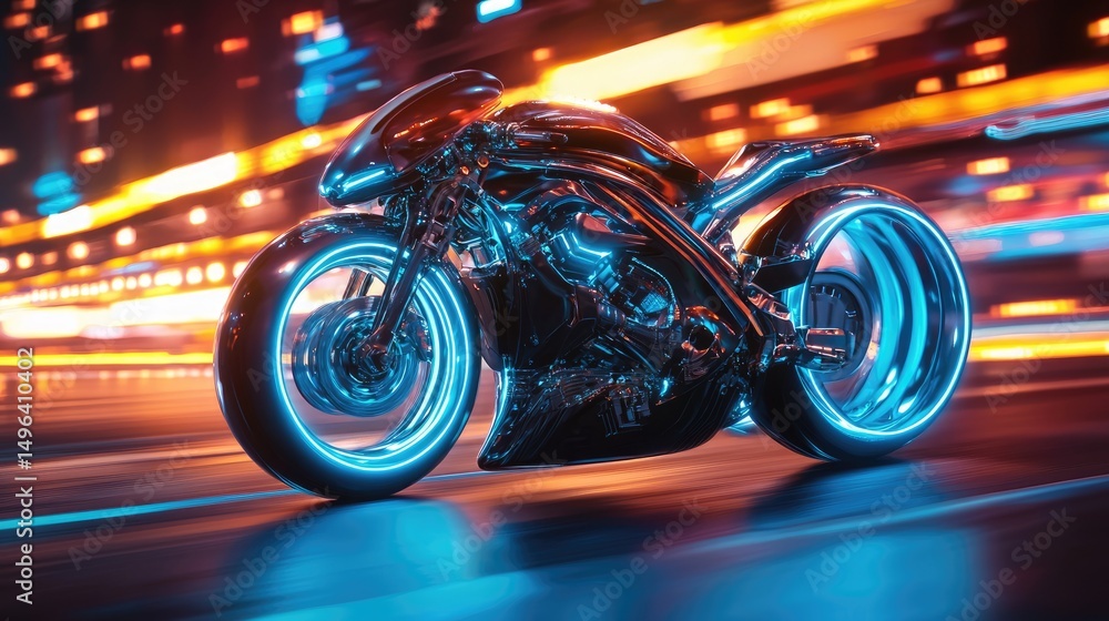 Fototapeta premium Futuristic motorcycle on a city street at night.
